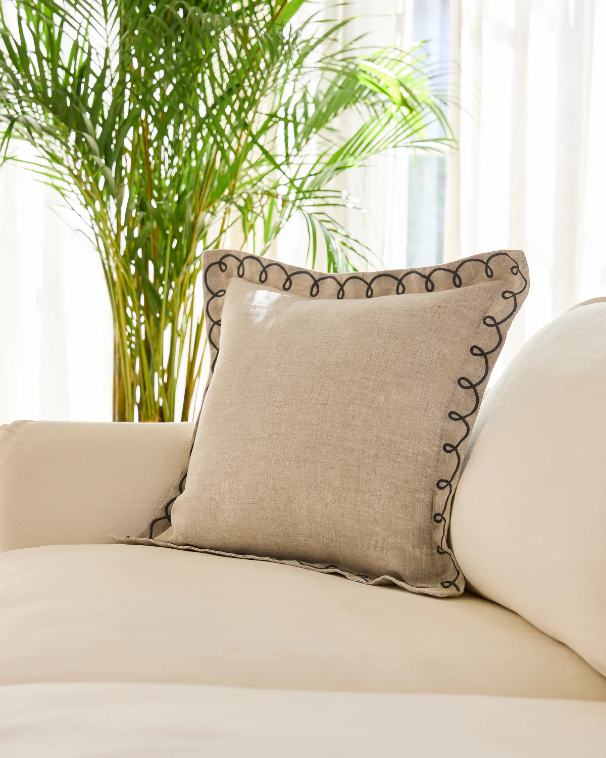 Oatmeal & Charcoal 100% French Flax Linen Swirl Cushion Cover - Image 4