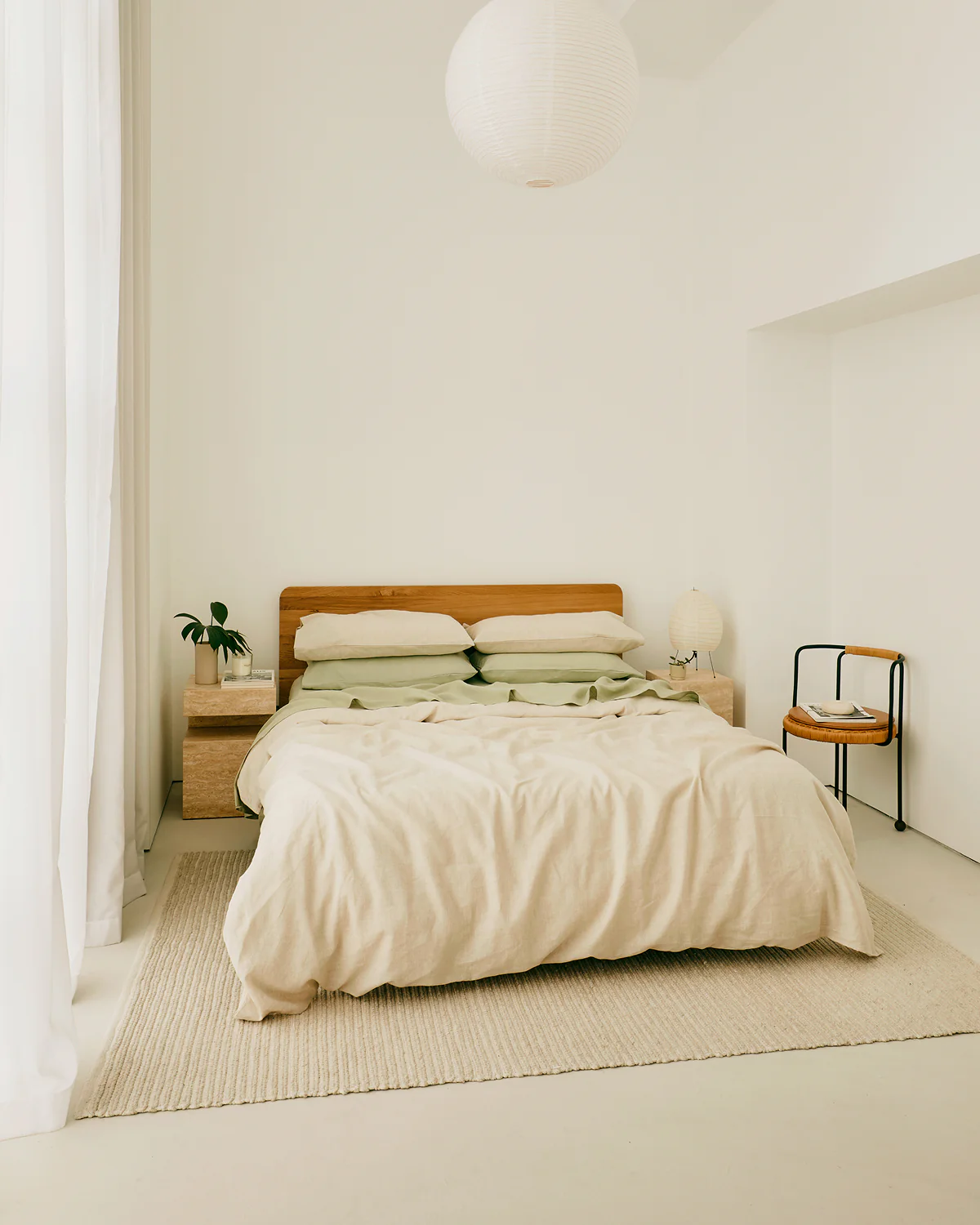 Oatmeal & White Stripe & Sage 100% French Flax Linen Bedding Bundle
