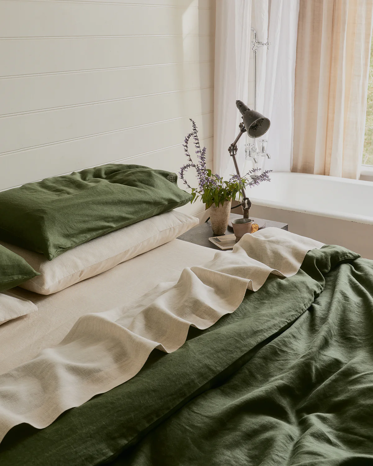 Olive & Oatmeal & White Stripe 100% French Flax Linen Bedding Bundle - Image 2