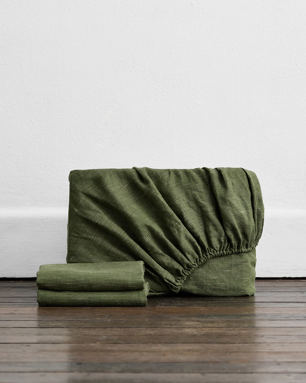Olive Stripe 100% French Flax Linen Fitted Sheet Set